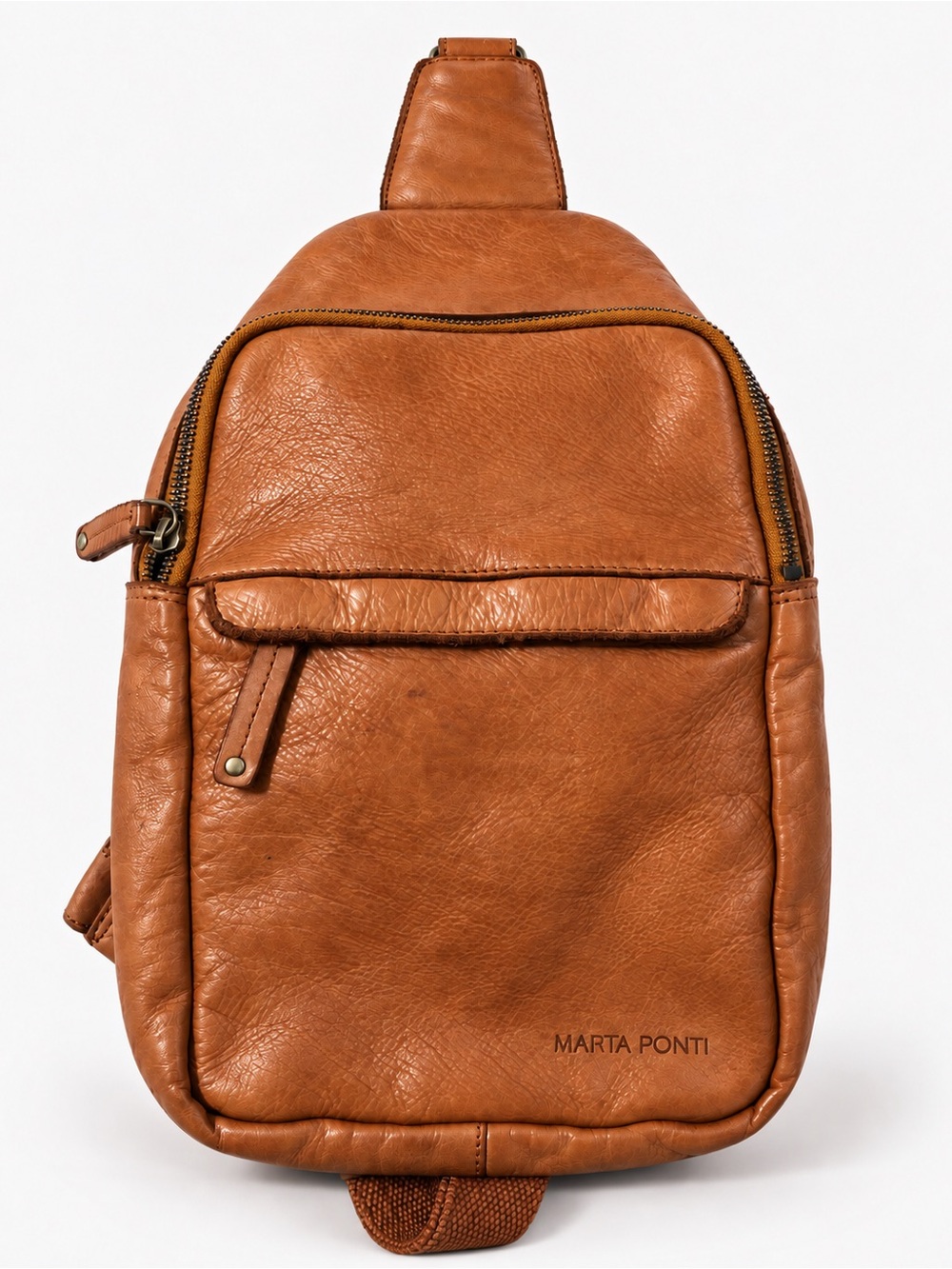 Marta Ponti Oslo sling backpack Cognac Brown Leather Washed Finish Zipper